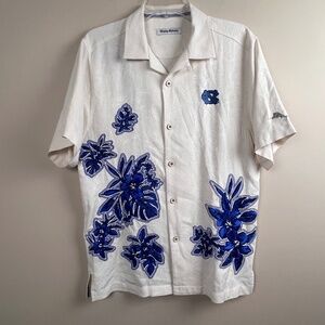 Tommy Bahama White Blue Floral Button Down 100% Silk Embroidered logo UNC Small